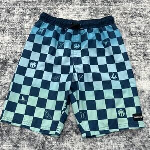 Hurley Youth Large Boys Checkered Shorts Swimwear Trucks Blue Shorts Smiley Face